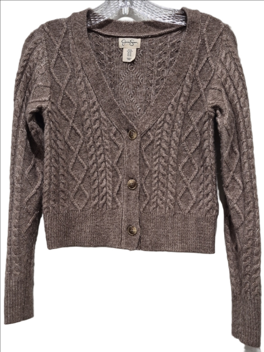 Jessica Simpson Cropped Cable Knit Cardigan Sweater Tan Heather XS